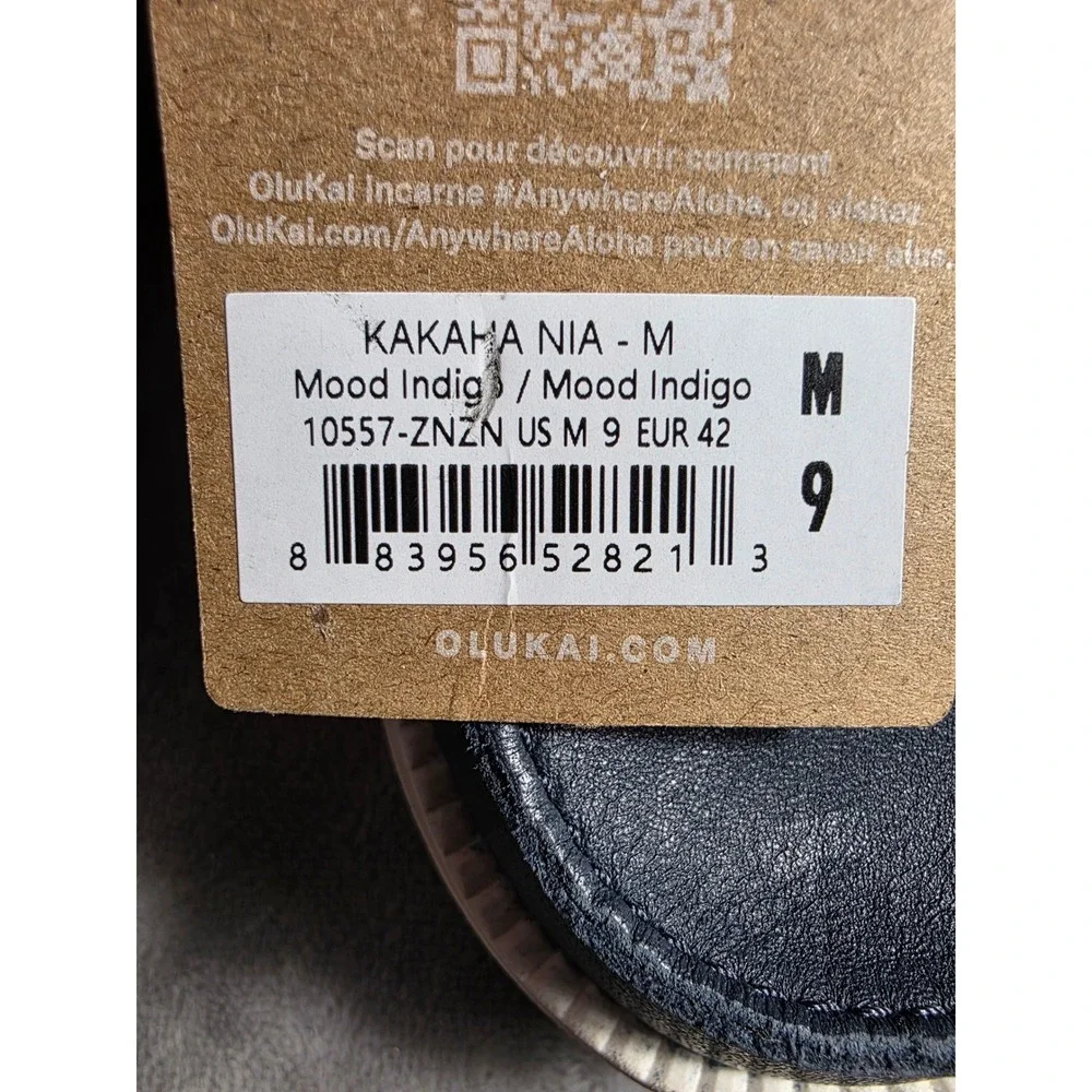 OluKai Kakaha Nia Men Size 9 Mood Indigo Blue Leather Slip On Loafer 10557-ZNZN